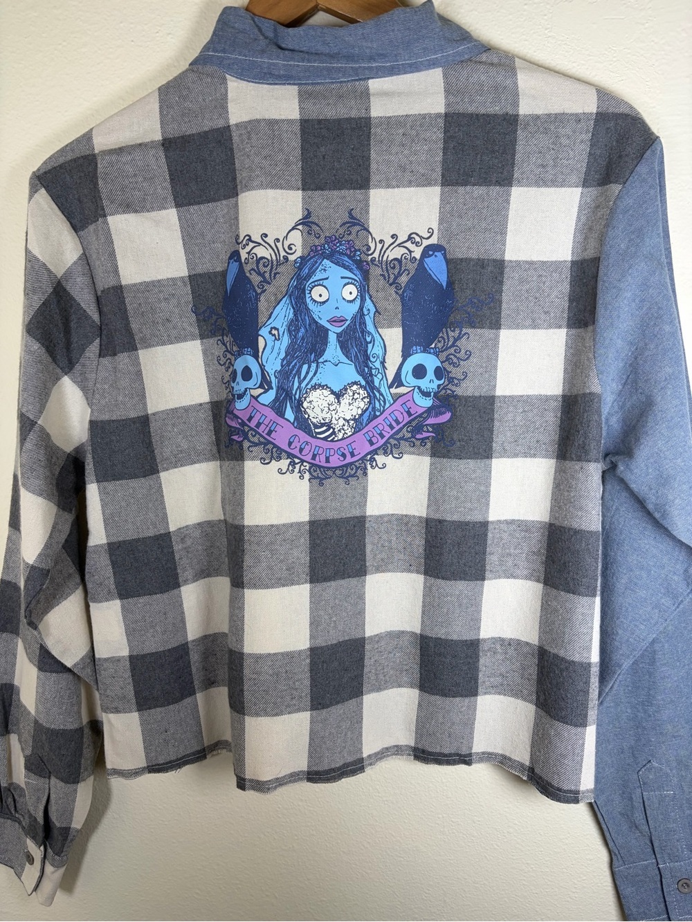 Corpse Bride Plaid Button Up Shirt Large Tim Burton Cropped Flannel Goth Spirit